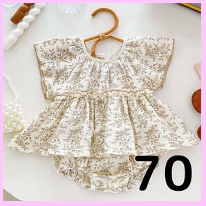 73 ロンパース ベビー服 ナチュラル ノースリーブ 夏 小花柄 葉っぱ柄 70 女の子 子供服 キッズ