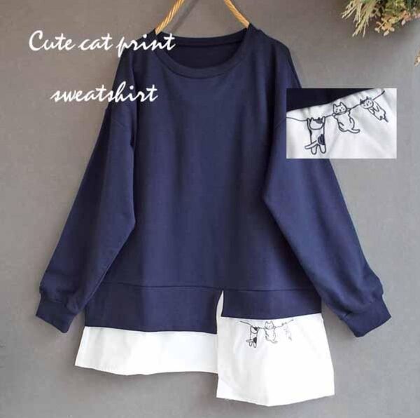 新品未使用ワンピース レディース ゆったりトップス猫刺繍 切替 刺繍 プルオーバー 重ね着風 フレアー ロング s3808
