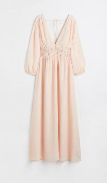 【H&M】 (2回着用)Vネックワンピース マキシワンピース ピンク ロング 長袖 エイチアンドエム