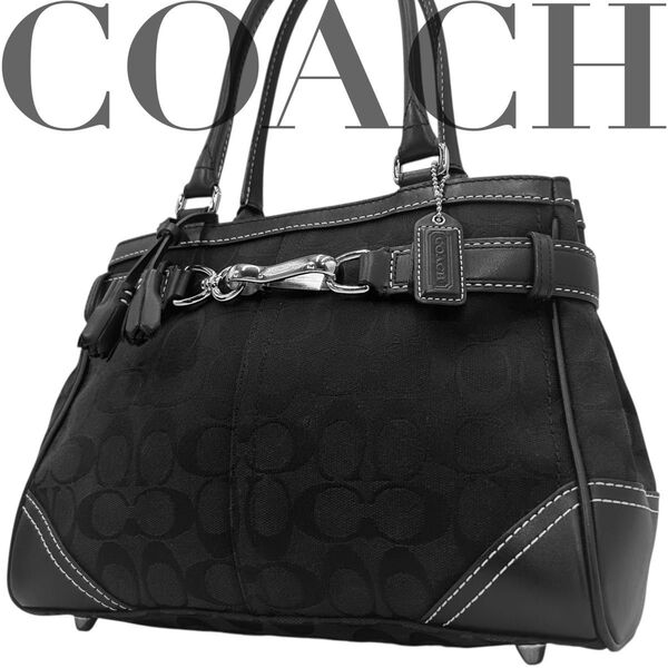 美品 COACH コーチ トートバッグ シグネチャー キャンバス レザー シルバー金具 黒 肩掛け◎