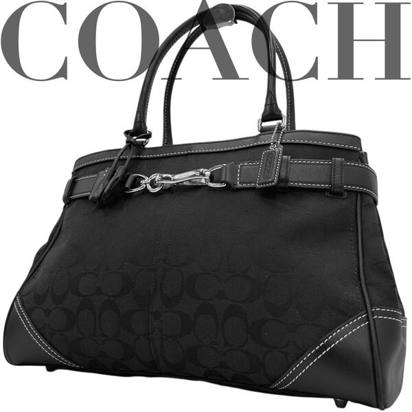 美品 COACH コーチ トートバッグ シグネチャー キャンバス レザー シルバー金具 黒 A4収納 肩掛け