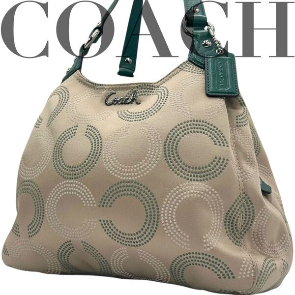 極美品 COACH コーチ トートバッグ ハンドバッグ オプアート 緑 ベージュ キャンバス レザー ロゴ 肩掛け◎