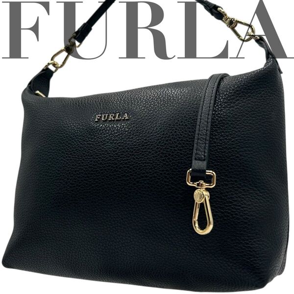 未使用級 FURLA フルラ ショルダーバッグ ハンドバッグ アクセサリーポーチ 2way オールレザー 黒 ゴールドロゴ 肩掛け