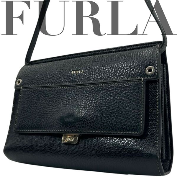 美品 FURLA フルラ ライク ショルダーウォレット ショルダーバッグ オールレザー 黒 ロゴ 斜め掛け◎
