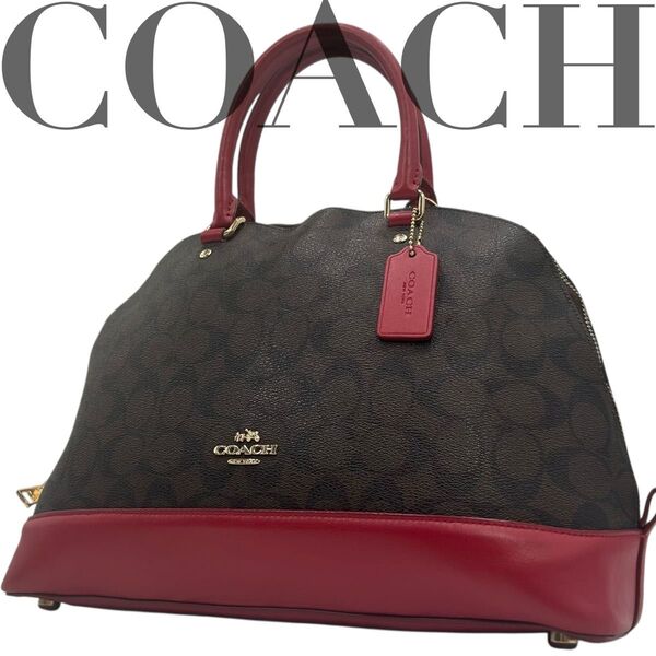 美品 COACH コーチ トートバッグ ボストンバッグ シグネチャー pvc レザー ゴールドロゴ 赤 茶 自立 肩掛け◎