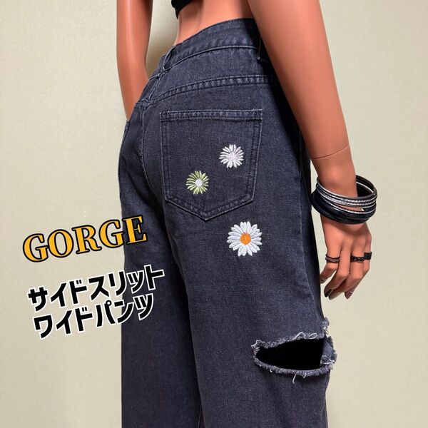 GORGE 花刺繍 サイドスリット ダメージジーンズ ワイドパンツ ギャル