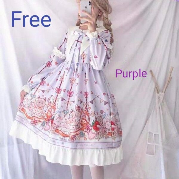 猫 甘ロリ ロリータ パープル リボン 長袖 ワンピース コスプレ 姫 パステル 衣装