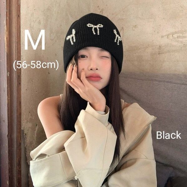 セール★ リボン ビーニー ブラック ニット帽 韓国 y2k バレエコア トレンド