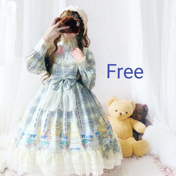 チェック グレー 甘ロリ ロリータ 長袖 ワンピース リボン フリル 衣装 ブック