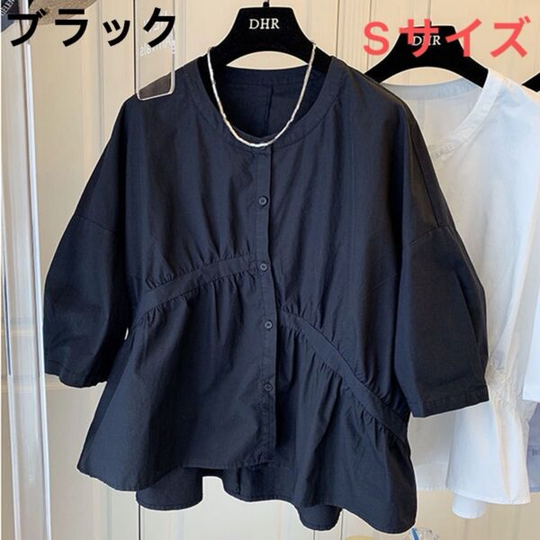 レディース トップス シャツ ぽわん袖 パフスリーブ ブラウス 半袖 ブラック Sサイズ
