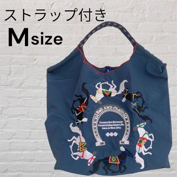 ストラップ付 馬の刺繍 エコバッグ トート M ネイビー ショッピングバッグ