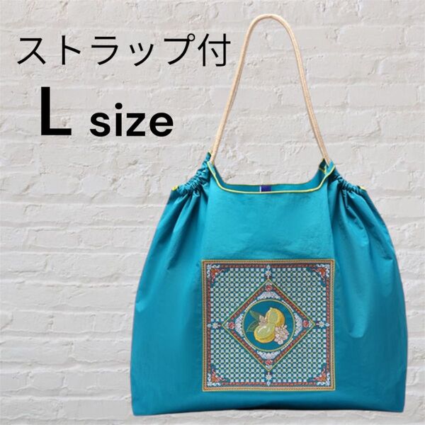 レモンバンダナ柄刺繍 エコバッグ ストラップ付 トートバッグ 【Lサイズ】