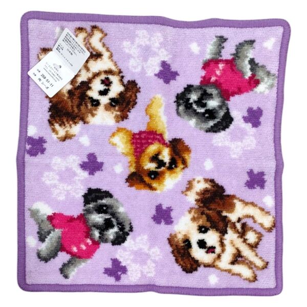 アーンジョー シーズー柄 日本製 シェニール織 犬 タオルハンカチ 紫 新品 タグ付