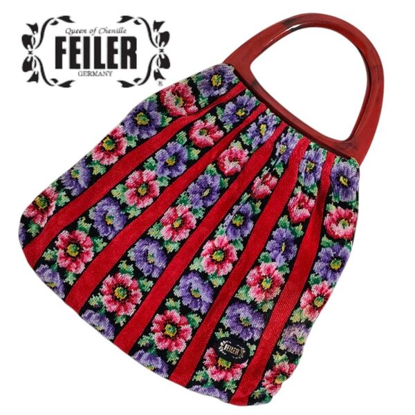 フェイラー ハンドバッグ 花柄 プラハンドル ストライプ 赤 FEILER トートバック