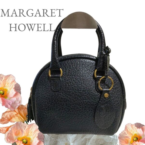 MARGARET HOWELL マーガレットハウエル レザーミニ ハンドバッグ タッセル シボ革 ブラック トートバッグ