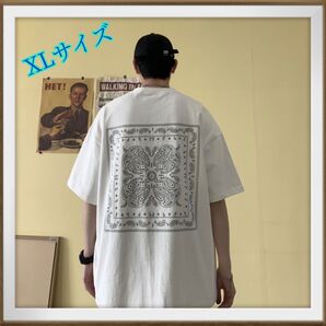 ビッグシルエット ペイズリー 半袖 Tシャツ ストリート 韓国 メンズ 夏服 アメカジ トップスオーバーシルエット ホワイト XL