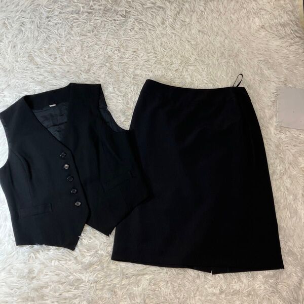 事務服 上下セット OL制服 ベスト& スカート 11号 Lサイズ 黒/ブラック