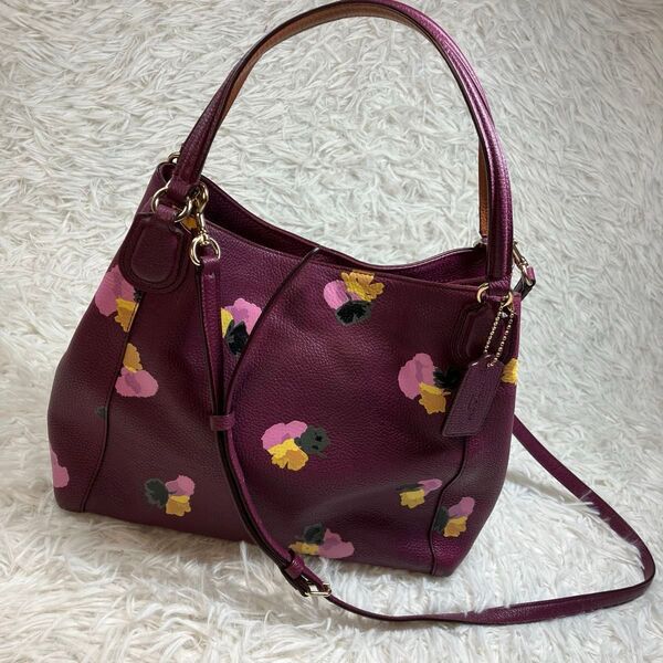 COACH コーチ ハンドバッグ ショルダーバッグ 2way 花柄 レザー ボルドー 紫系
