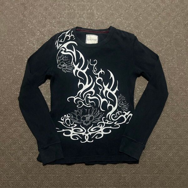 COLONE DE TOKYO 長袖Tシャツ 蓮の花 トライバル柄 プリント ブラック ワッフル生地 グランジ y2k