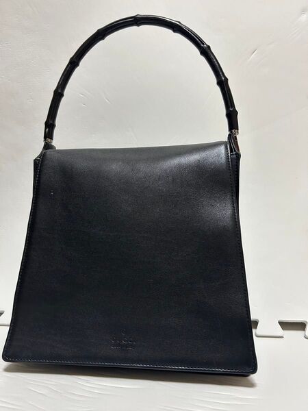 【人気】GUCCI オールドグッチ 黒バンブー レザー 2way バッグ 黒