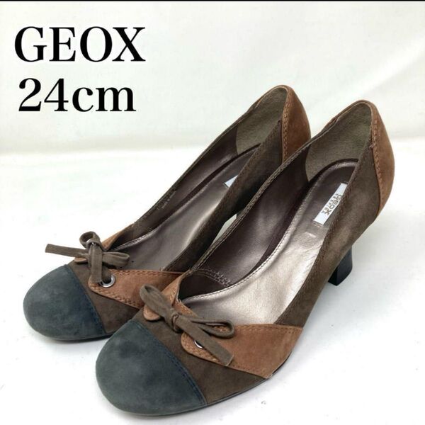 GEOX パンプス 24cm 本革 スエード ヒール5cm ブラウン系 リボン チャンキーヒール