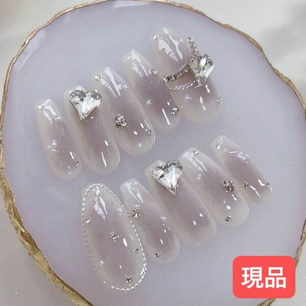 現品 チークネイル ジェル ビジュー ストーン ハート キラキラ ワンホン 韓国 量産型 ガーリー ロング