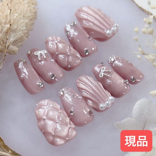 現品 マーメイドネイル ピンク マグネット ぷっくり 貝殻 キルティング ガーリー 韓国 ワンホン リボン