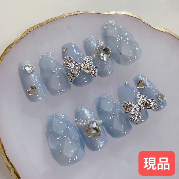 現品 フレンチガーリーネイル ブルー ワンホン ワンホン 韓国 ジェル リボン ハート ぷっくり キルティング