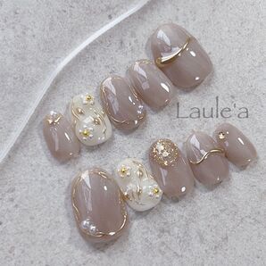 【ご注文専用】 ニュアンスネイル 大人 ワンホン マーブル モカベージュ 花 ミラー 結婚式 成人式 ジェル ネイルチップ 振袖