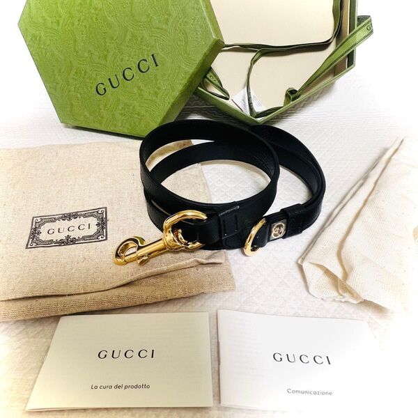 新品未使用 訳あり GUCCI 692949(ブラック)ペット用 グッチ インターロッキングG レザーペット リード
