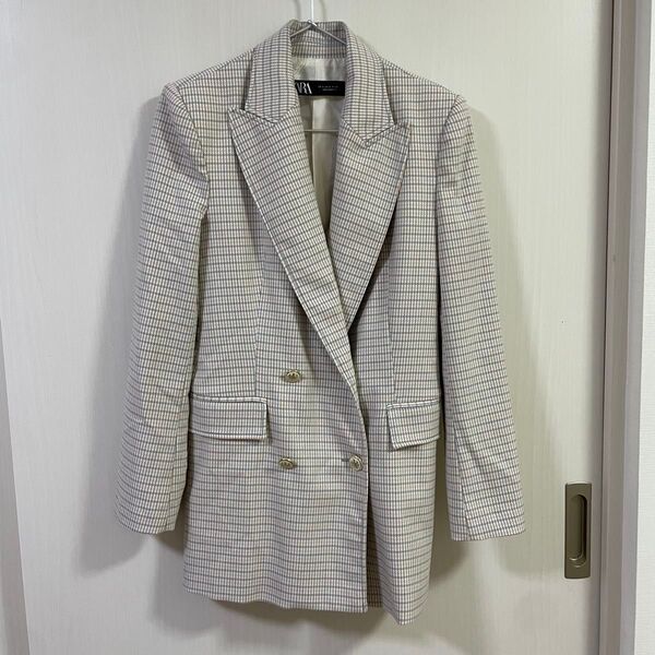 ZARA グレンチェック柄 ダブルブレストブレザー ベージュ S