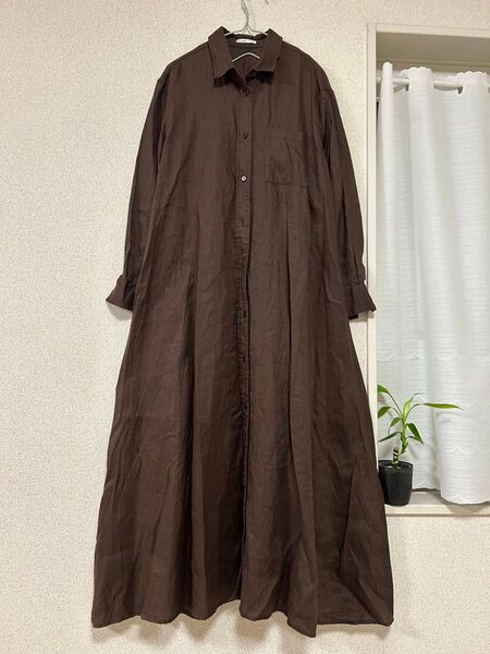 STYLE DELI リネン100%ブラウン ロングシャツワンピース