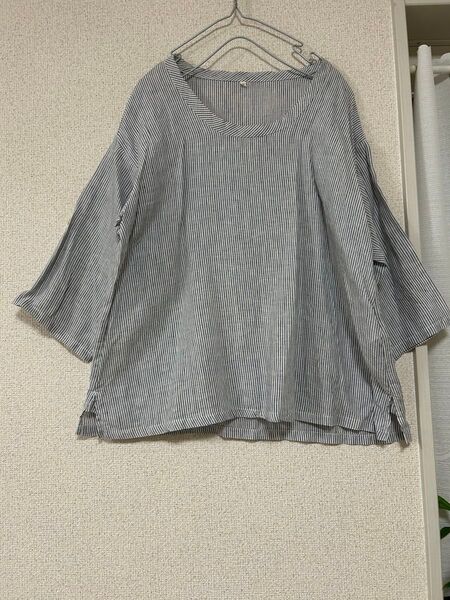 無印良品 リネン100%ストライプ 五分袖シャツ Lサイズ