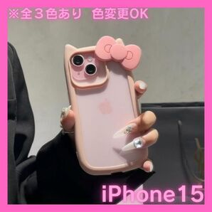 iPhone15 スマホカバー ねこみみ リボン ガーリー クリア 推し活 色変更OK ピンク 衝撃吸収 防滴機能 TPU素材