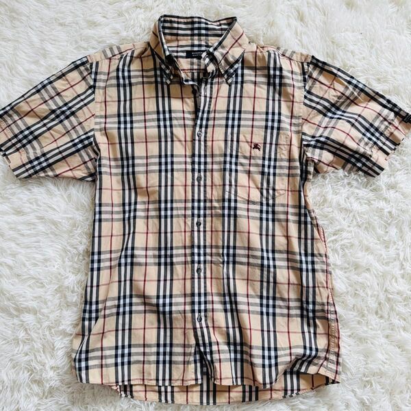 【美品】BURBERRY BLACK LABEL バーバリー ブラックレーベル 半袖シャツ 、ノバチェック ホースロゴ L〜XL