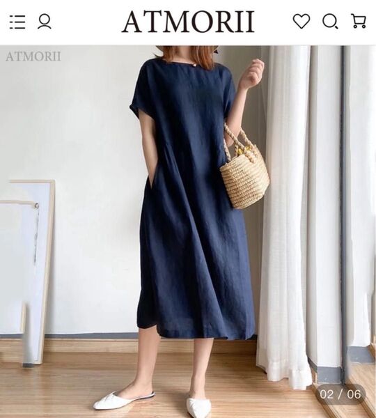 ATMORII 無地ポケット付き プルオーバー 半袖 ラウンドネック ワンピース