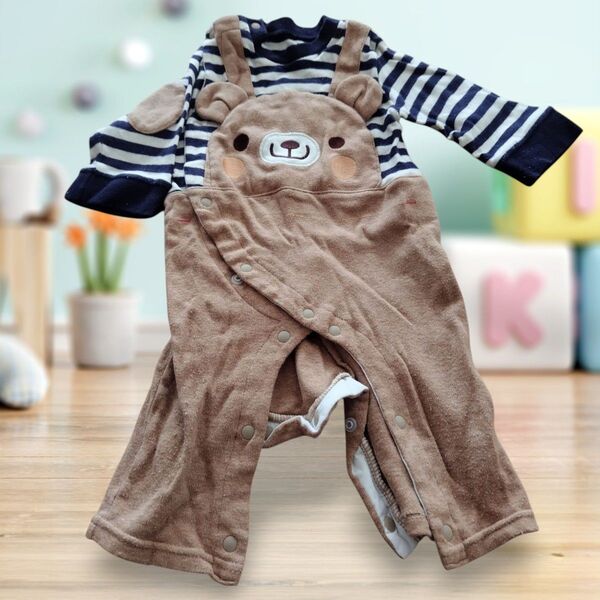 クマの顔ロンパース ストライプ 60〜70cm 2025.04.18.Brown