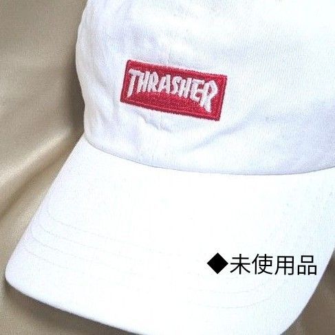 【未使用品】スラッシャーTHRASHER ホワイト ベースボールキャップ ロゴ刺繍 フリーサイズ◆ キャップ 帽子