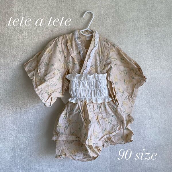 【美品】tete a tete 甚平ドレス 花柄 90サイズ 帯付き 女の子 綿100% 夏祭り