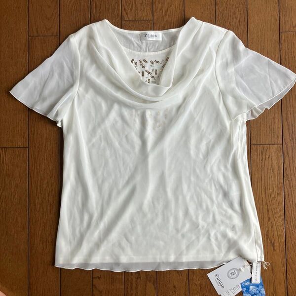 未使用 カットソー スパンコール シフォン M セニノン 半袖 ホワイト トップス Tシャツ