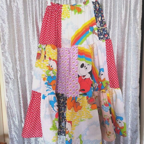USEDシーツ リメイク ディズニー ロングスカート パッチワーク ハンドメイド