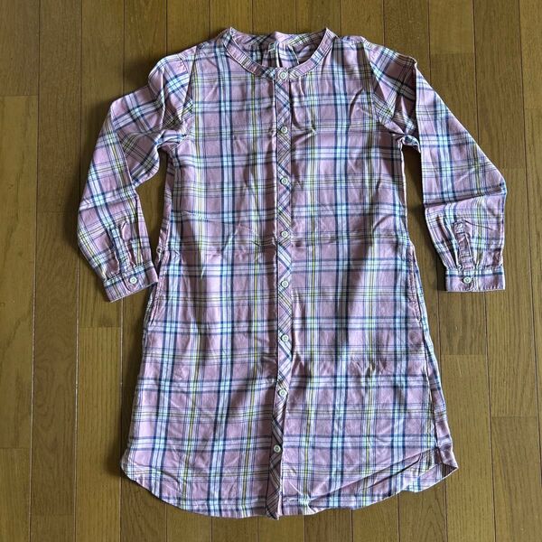 ユニクロ キッズ ガールズ チュニック ブラウス ロングブラウス シャツワンピース バンドカラー チェック ピンク 140 未使用