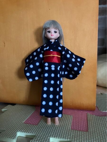 【服のみ】リカちゃん 浴衣 ネイビー レッド リボン 人形 着物 ハンドメイド 手作り服セット