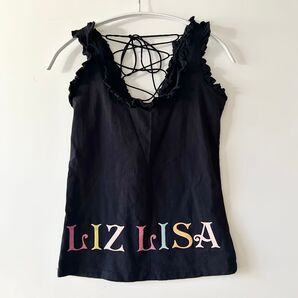 LIZ LISA Y2K フリルタンクトップ ロゴ入り レースアップ ブラック キャミソール