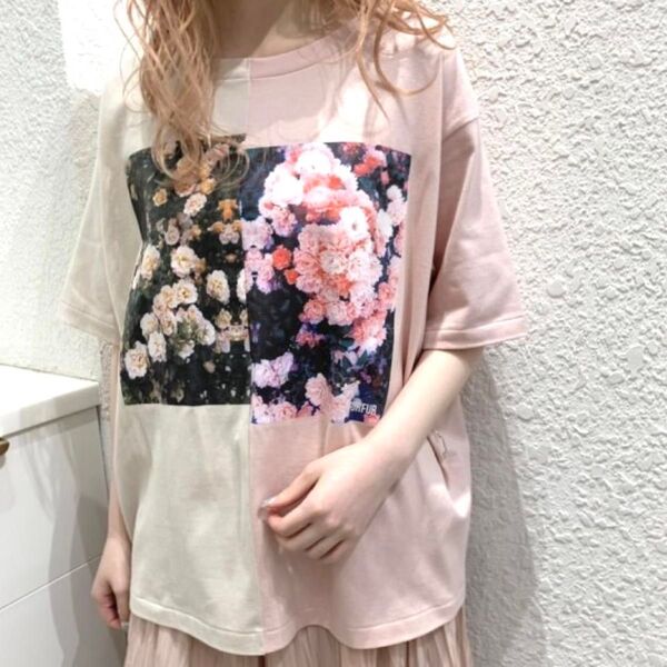 FURFUR ハーフデザイン フラワープリントTシャツ 川口春奈さん着用 チュニック カットソー