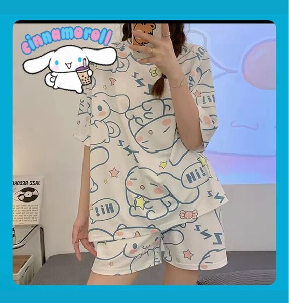 L シナモロール ルームウェア 半袖Tシャツ 短パン ショートパン シナモンロール 上下セット セットアップ