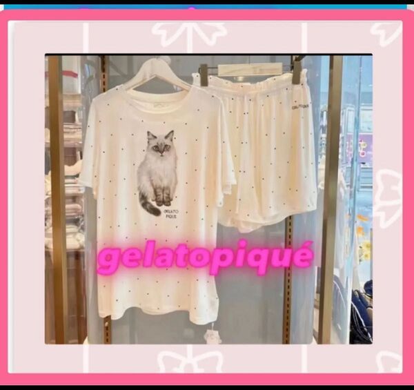ジェラートピケ ネコ 半袖 ハーフパンツ セットアップ ねこ 猫 ドット 白 ホワイト ショートパンツ Tシャツ ショートパンツ
