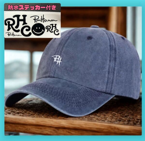 オマケ付き ロゴキャップ ベースボールキャップ キャップ 男女 RH 帽子 ユニセックス ネイビー 紺 ウォッシュ加工 刺繍