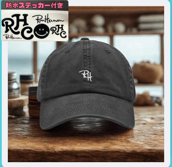 オマケ付き ロゴキャップ ベースボールキャップ キャップ 男女兼用 RH 帽子 ユニセックス ブラック ウォッシュ加工 刺繍