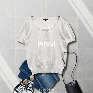 F0142*INDIVI ラメTシャツ リブニット ラウンドネック*白 38